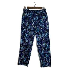 NWOT Appleseeds Pants Sz 6 Floral Tapered Leg Navy Blue Bright Beach Cottage